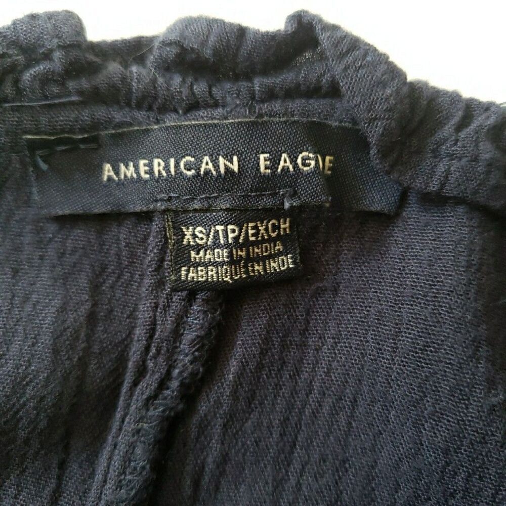 American Eagle Boho Embroidered Tie Neck Top Long Sleeve Semi Sheer Navy Blue XS - Picture 5 of 8